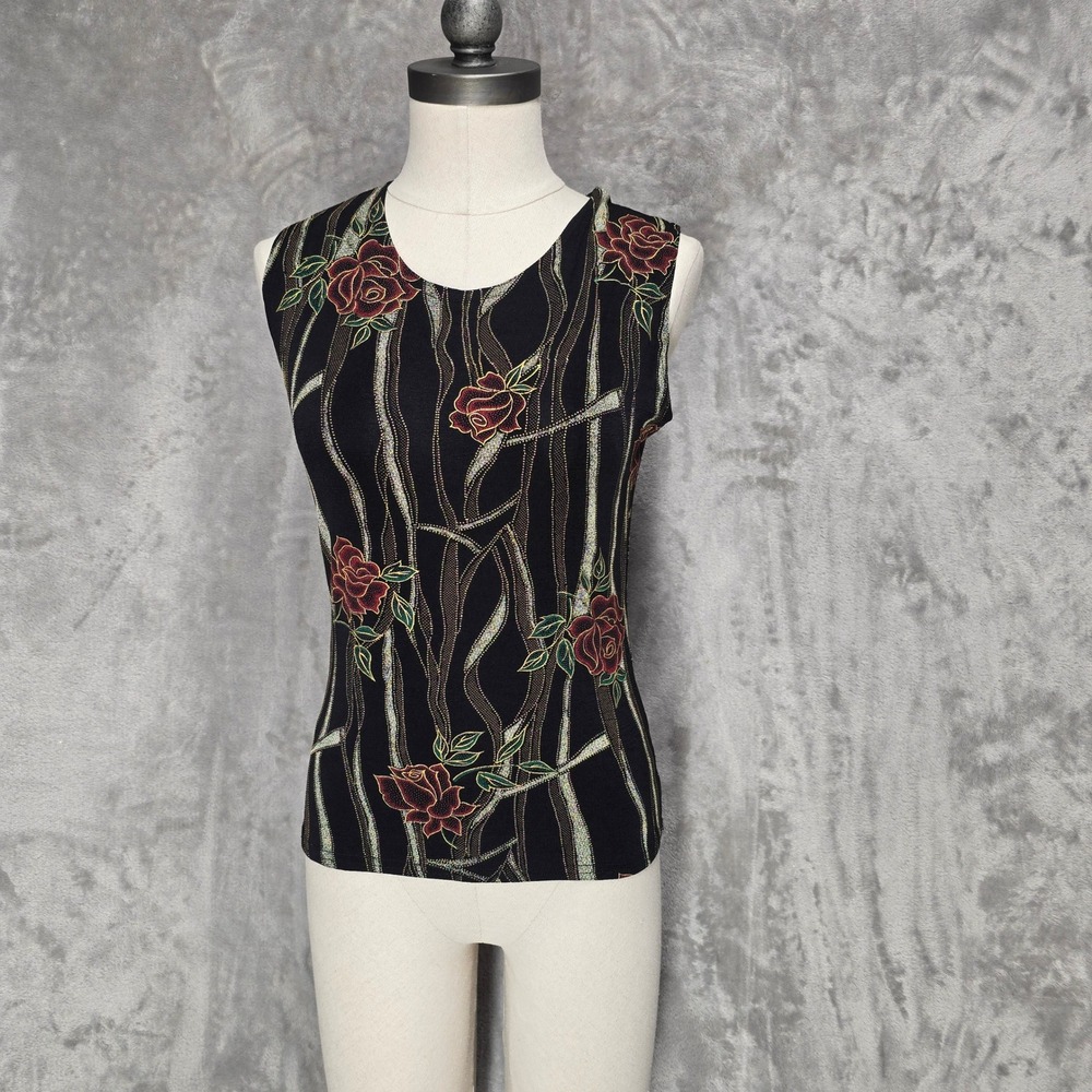 E-Z Town Tank Top Women Large Black Floral Rose Y2K Grunge USA Grunge Whimsigoth